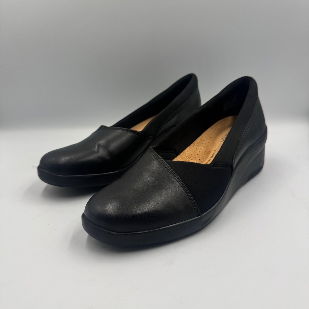 Clarks Collection Black Leather Wedge Pumps Ultimate Comfort Womens 8